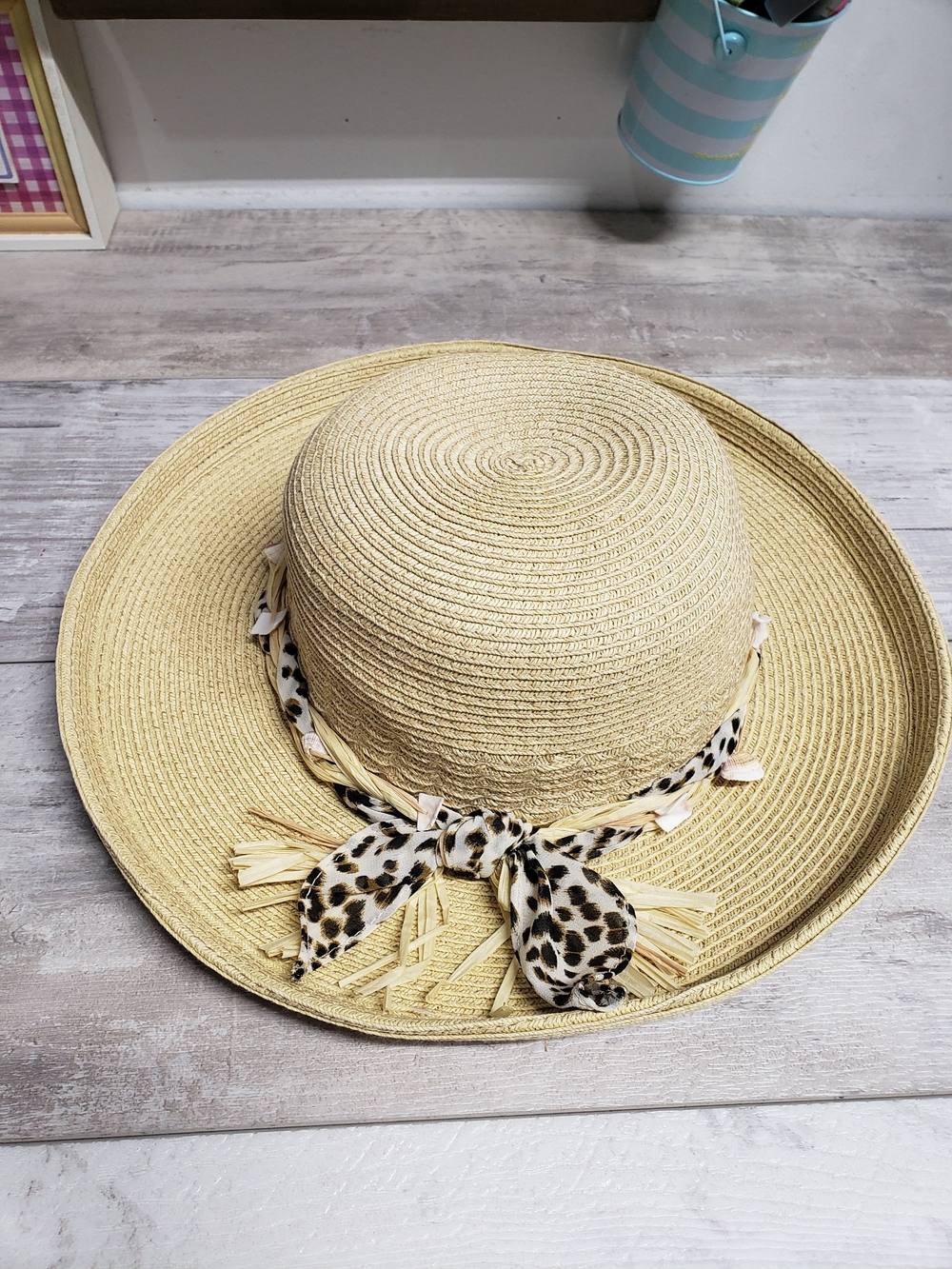 Sun N Sand UPF 50+ Headwear Wide Brim Straw Sun Hat Leopard Scarf Accent Beach